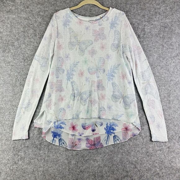 SIONI Tops - SIONI Pullover Sweater Womens L Butterfly Floral Knit Chiffon Layered Split Back